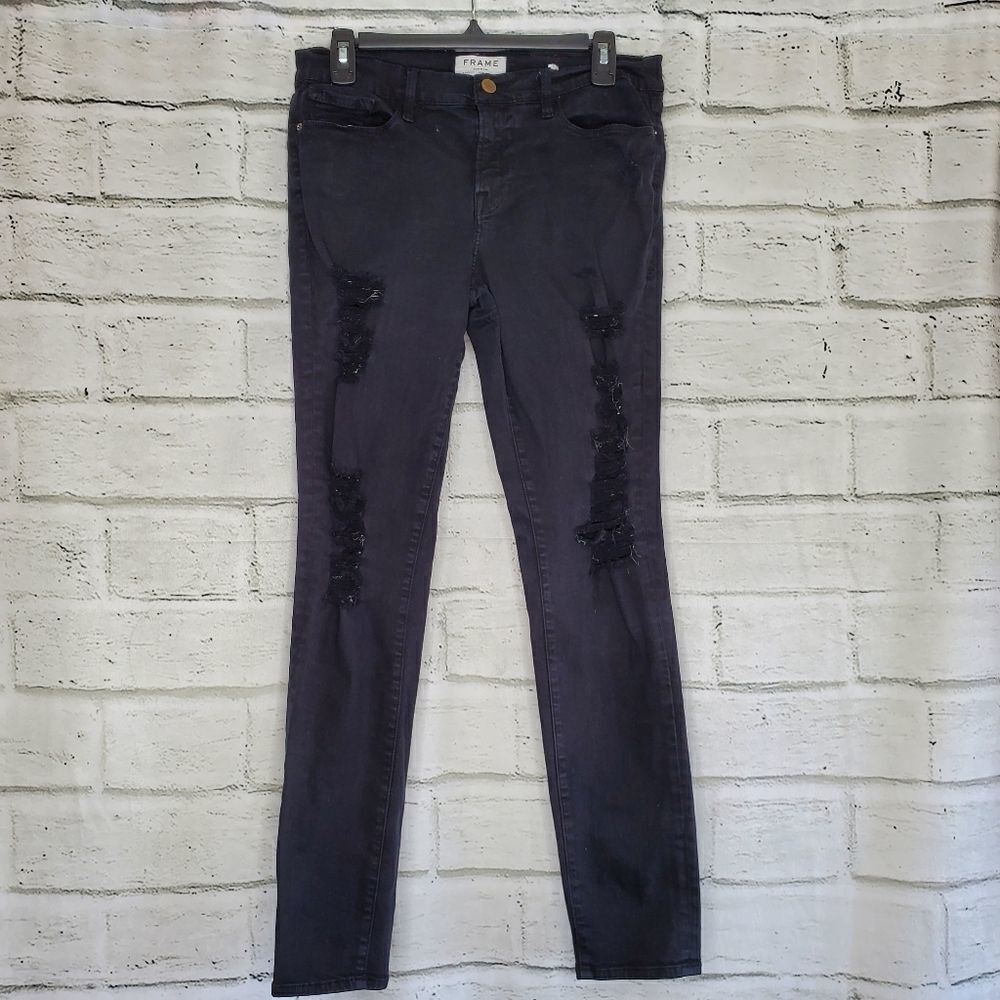Frame le skinny de jeanne Distressed ankle jeans size 30 solid black - Picture 2 of 12